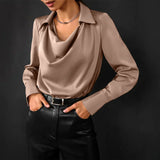 Joyce | Women's Drape Neck Long Sleeve Satin Blouse
