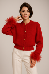 Savannah | Women's Black Knit Cardigan with Feathers